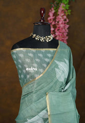 Earthy Seafoam Green - Linen Cotton Saree with Leaf Print with Tiny Border - Best for Office Wear