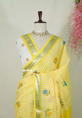 Paris Yellow with White - Linen Cotton Madras Checks with Flower Prints and Mangalgiri Border - Best for Small Functions