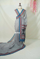 Muted White - Pragathi - Linen Cotton Saree with Modern Stripes Prints - Best for Office Wear | Casual Wear
