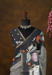 Twilight Ash - Linen Cotton with Pichwai cow Lotus Border with Mirror work - Best for Small Functions