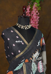 Twilight Ash - Linen Cotton with Pichwai cow Lotus Border with Mirror work - Best for Small Functions