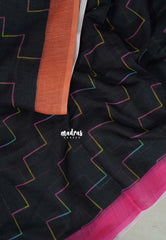 Nightfall Black - Pragathi - Linen Cotton Saree Ganga Jamuna Border with Punch Checks Blouse and Floral Print Pallu - Best for Office Wear | Casual Wear
