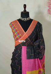 Nightfall Black - Pragathi - Linen Cotton Saree Ganga Jamuna Border with Punch Checks Blouse and Floral Print Pallu - Best for Office Wear | Casual Wear