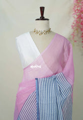 Pink with Bluish Grey - Linen Cotton Saree Partly Pallu Plain with Stripes - Best for Office Wear | Casual Wear