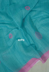 (PRE-BOOKING) Aqua Blue - Pragathi - Linen Cotton Saree with Buttas Contrast Pallu and Blouse - Best for Office Wear | Casual Wear