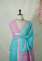 (PRE-BOOKING) Aqua Blue - Pragathi - Linen Cotton Saree with Buttas Contrast Pallu and Blouse - Best for Office Wear | Casual Wear