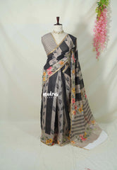 Black with Grey - Linen Cotton Saree with Stripes Floral Design Prints - Perfect for Office Wear | Summer wear | Casual Wear