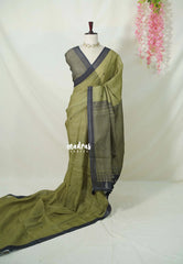 Olive Green - Pragathi - Linen Cotton Saree with Stripes Prints in Pallu and Blouse - Best for Office Wear | Casual Wear
