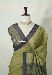 Olive Green - Pragathi - Linen Cotton Saree with Stripes Prints in Pallu and Blouse - Best for Office Wear | Casual Wear