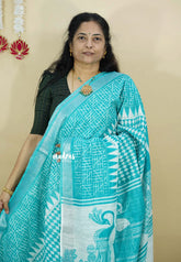 Turquoise Blue - Soft linen cotton Trendy printed saree with Silver Zari Border