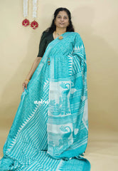 Turquoise Blue - Soft linen cotton Trendy printed saree with Silver Zari Border