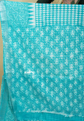 Turquoise Blue - Soft linen cotton Trendy printed saree with Silver Zari Border