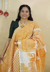 Magic Mustard Yellow - Soft linen cotton Trendy printed saree with Silver Zari Border