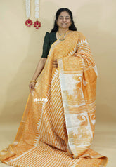 Magic Mustard Yellow - Soft linen cotton Trendy printed saree with Silver Zari Border
