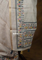 Earthen tone Beige - Linen Cotton Saree with Trible's Print with Tiny Border - Best for Office Wear