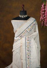 Earthen tone Beige - Linen Cotton Saree with Trible's Print with Tiny Border - Best for Office Wear