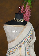 Earthen tone Beige - Linen Cotton Saree with Trible's Print with Tiny Border - Best for Office Wear