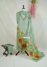 Amitha – Seafoam Green - Premium linen Salwar Suit Semi Stitch Neck with Print + Hand-Stitched Embroidery