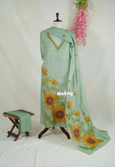 Amitha – Seafoam Green - Premium linen Salwar Suit Semi Stitch Neck with Print + Hand-Stitched Embroidery