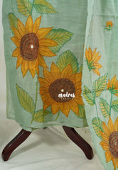 Amitha – Seafoam Green - Premium linen Salwar Suit Semi Stitch Neck with Print + Hand-Stitched Embroidery