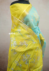 Losliya Inspired Soft Linen Cotton Saree with Aqua Blue & Floral Prints