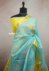(PRE-BOOKING) Losliya Inspired Soft Linen Cotton Saree with Aqua Blue & Floral Prints