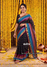 Black & Rainbow - Soft Mul cotton saree with rainbow border ( NO blouse )