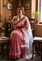 Brick Red - Pragathi - Linen Cotton Saree with Flower Prints with Contrast Pallu - Perfect for Office Wear | Summer wear | Casual Wear