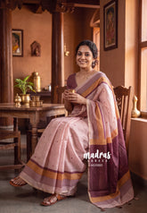 (PRE-BOOKING) Creamy Peach Beige - Pragathi - Linen Cotton Saree with Small Buttas and Contrast Blouse - Perfect for Office Wear | Summer wear | Casual Wear