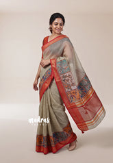 Muted Beige - Shalini - Artisanal Work Super Net Saree with Art Work Border - Best for Festive Wear / Hightea party