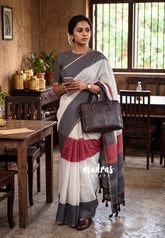Ivory Beige with Black - Pragathi - Linen Cotton Saree with Checks Prints - Perfect for Office Wear | Summer wear | Casual Wear