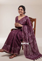 Wine Maroon - Pragathi - Linen Cotton Saree with Floral Prints Border - Perfect for Office Wear | Summer wear | Casual Wear