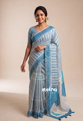Muted Beige with Peacock Blue - Pragathi - Linen Cotton Saree with Geometric Prints - Perfect for Office Wear | Summer wear | Casual Wear