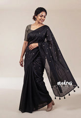 Jet Black - Jute Tussar Silk Saree with Stripes Texture and Tissue Blouse - Best for Small Functions