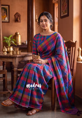 Rainbow Checks - Pragathi - Linen Cotton Saree with Madras Checks - Perfect for Office Wear | Summer wear | Casual Wear
