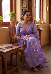 Soft Lavender - Pragathi - Linen Cotton Saree with Leaf Prints - Perfect for Office Wear | Summer Wear | Casual Wear