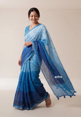 Azure Waves of Blue - Pragathi - Linen Cotton Saree with Artistic Prints - Perfect for Office Wear | Summer Wear | Casual Wear