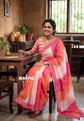 Flamingo Pink and Orange - Pragathi - Linen Cotton Saree with Multicolour Stripes - Perfect for Office Wear | Summer Wear | Casual Wear