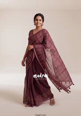 Chololate Brown - Pragathi - Linen Cotton Saree with Dots Prints Border and Pallu - Perfect for Office Wear | Summer wear | Casual Wear