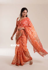Coral Orange - Pragathi - Linen Cotton Saree with Floral Prints - Perfect for Office Wear | Summer Wear | Casual Wear
