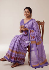 Lavender Purple - Pragathi - Linen Cotton Saree Geometric Motif Prints - Perfect for Office Wear | Summer wear | Casual Wear