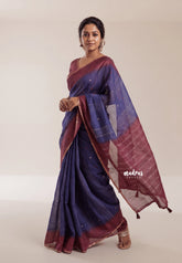 Navy Blue - Pragathi - Linen Cotton Saree Geometric Motif Prints - Perfect for Office Wear | Summer wear | Casual Wear