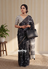 Elephant Black - Pragathi - Linen Cotton Saree with Floral Prints - Perfect for Office Wear | Summer wear | Casual Wear