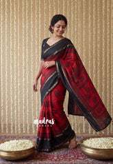 Cherry Red - Premium Vasundra Sungudi Kolam Style Printed Silk Rettapet Rudraksham Border - Best for Casual Wear