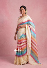 Ivory Soft Rainbow - Kanimozhi - Premium Soft Silk Horizontal Striples with Rettapet Border - Best for Wedding Functions