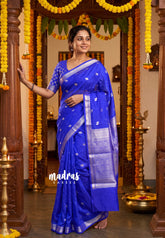 Neon Royal Blue - Durga - Banarasi Soft Katan Silk with Zari Weaving Border and Buttas - Perfect for Wedding Functions