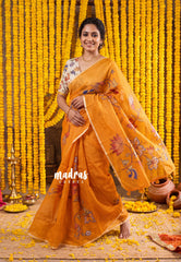 Orangish Yellow - Premium Kota Silk with Hand Painted Pen Kalamkari Applique Work - Best for Office Wear | Hightea Party
