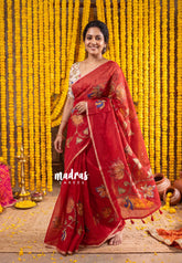 Spicy Red - Premium Kota Silk with Hand Painted Pen Kalamkari Applique Work - Best for Office Wear | Hightea Party