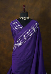 Violet Purple - sindhu bhairavi - Madras Margazhi Special Handpainted Bamboo Cotton Saree with music notes