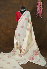 Ivory Cream - Oviyam - Madras Margazhi Special Handblock kolam Printed Bamboo Cotton Double Blouse Combo